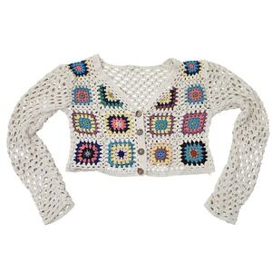 Debut‎ Cardigan Womens XS Cream Crochet Granny Square Patchwork Cropped Bohemian